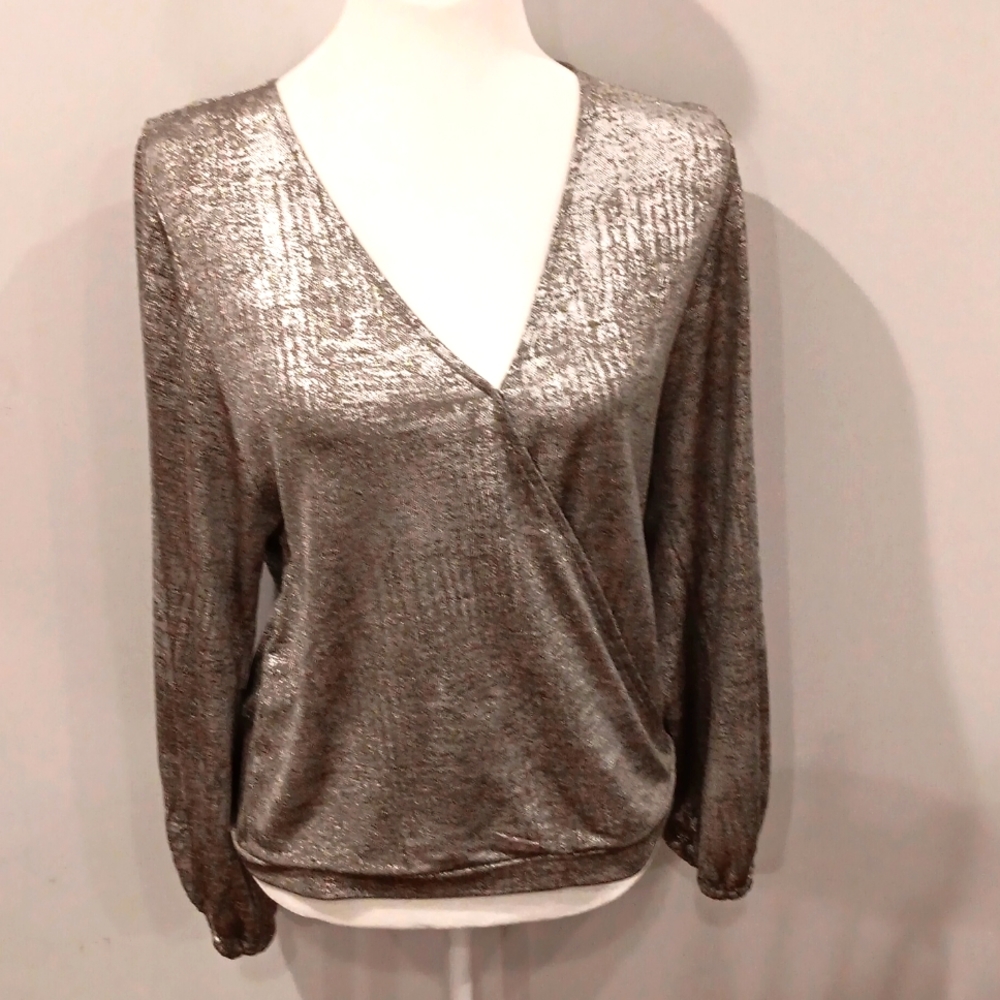ANTHROPOLOGIE Silver and Grey Carys Dolman Wrap Top Blouse NWOT